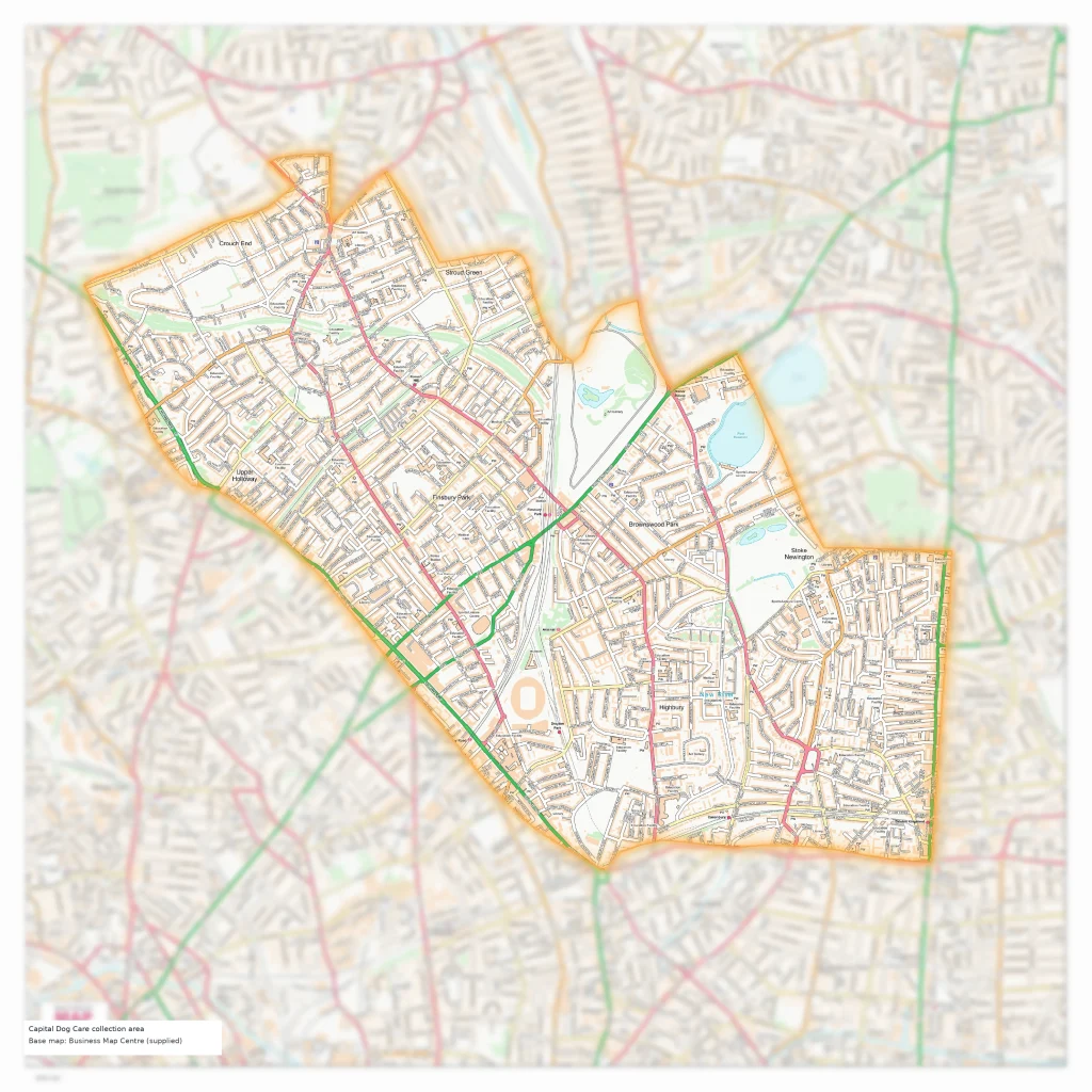 North London map showing Capital Dog Care's collection area inside a softly glowing boundary, with the surrounding streets gently blurred.