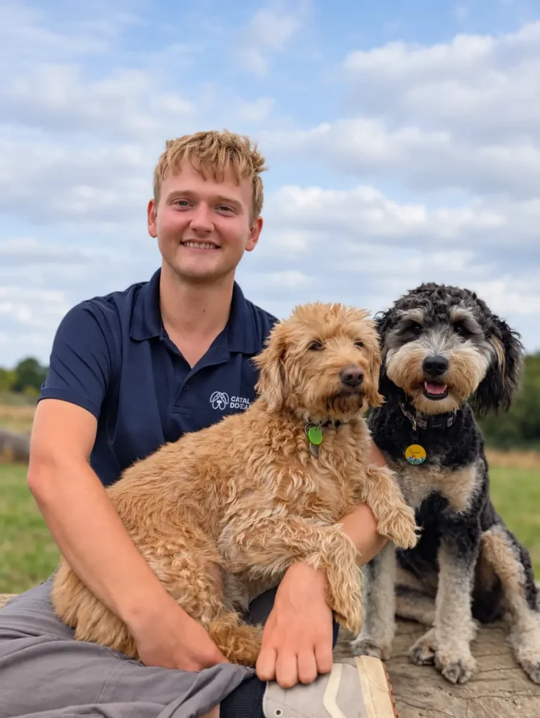 Kaine, Day Care Assistant and driver, with two Capital dogs